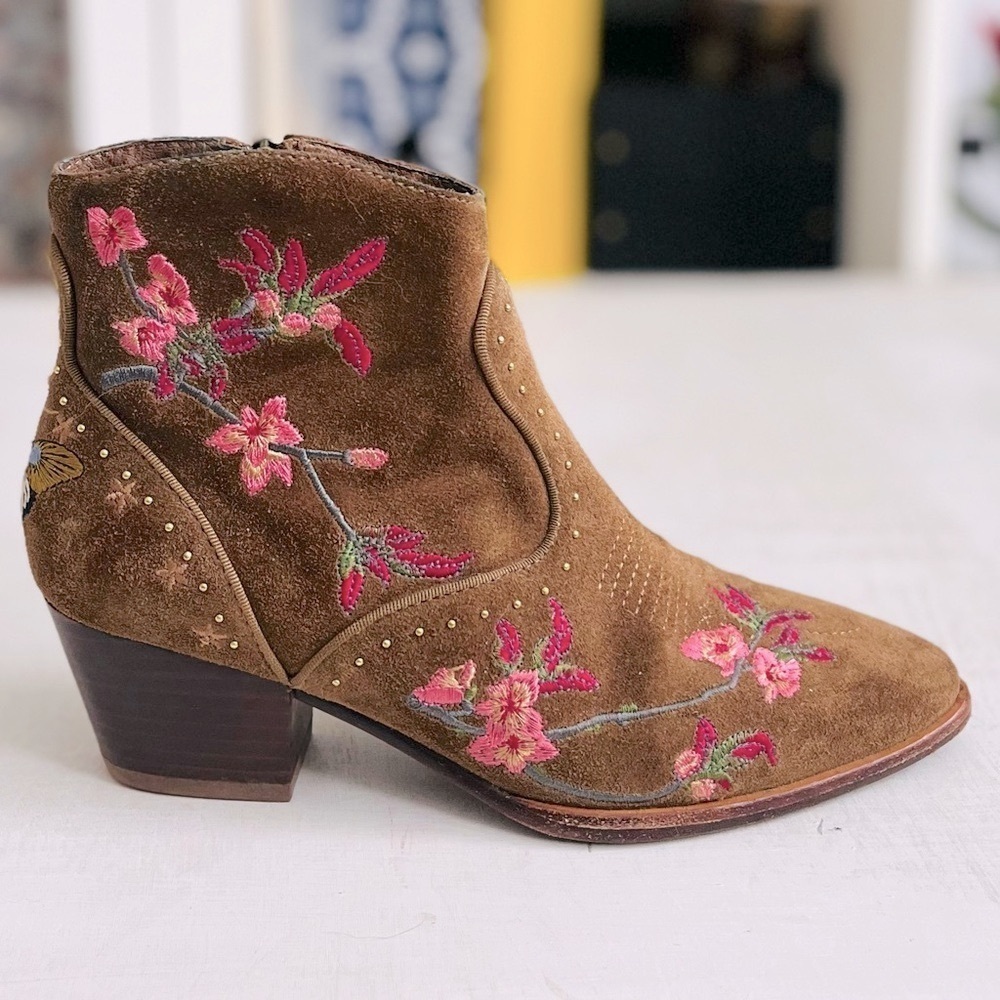 [ASH] Heidi Suede Leather Embroidered Floral + Butterfly Gold Stud Western Boot - Picture 9 of 11